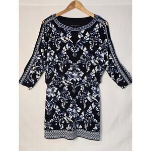 White House Black Market Blue/Black Floral 3/4 Slit Sleeve Blouson Dress Size M